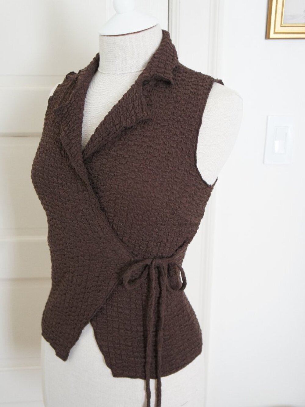 Brown Textured V Neck Collared Vest Tie Wrap Top Size Small